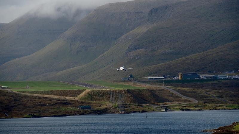 Plane landing in Vagar Airport in the Faroe Islands 