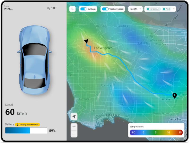 Car infotainment screen showing weather data on a map