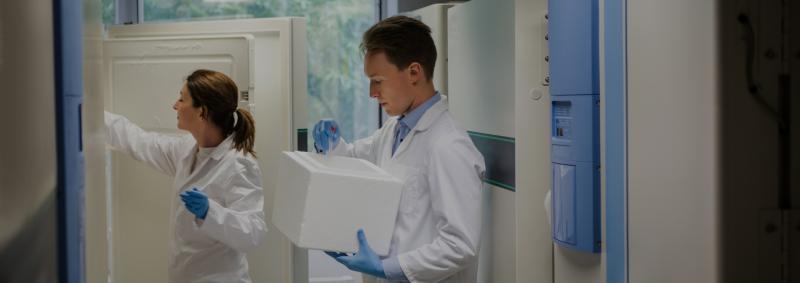 Workers accessing laboratory refrigerator