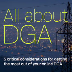 All about DGA webinar text and cityscape at dusk, power lines and power line tower
